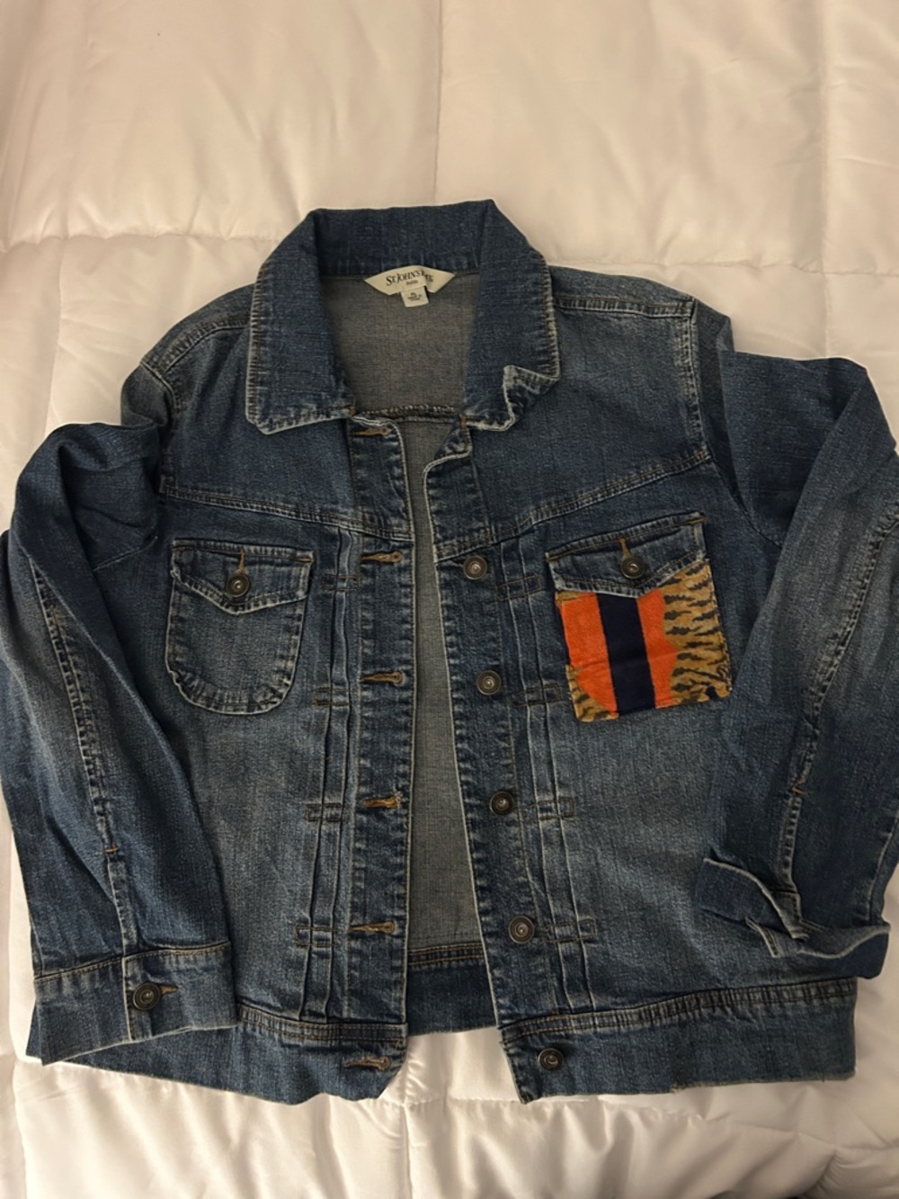St. John's Bay Blue Denim Jacket with Orange & Black Accent Pocket